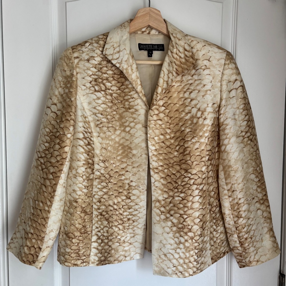 Lafayette 148 New York Gold Animal Print Linen Silk Blazer Size 10P Mob‎ Luxe - Picture 2 of 9